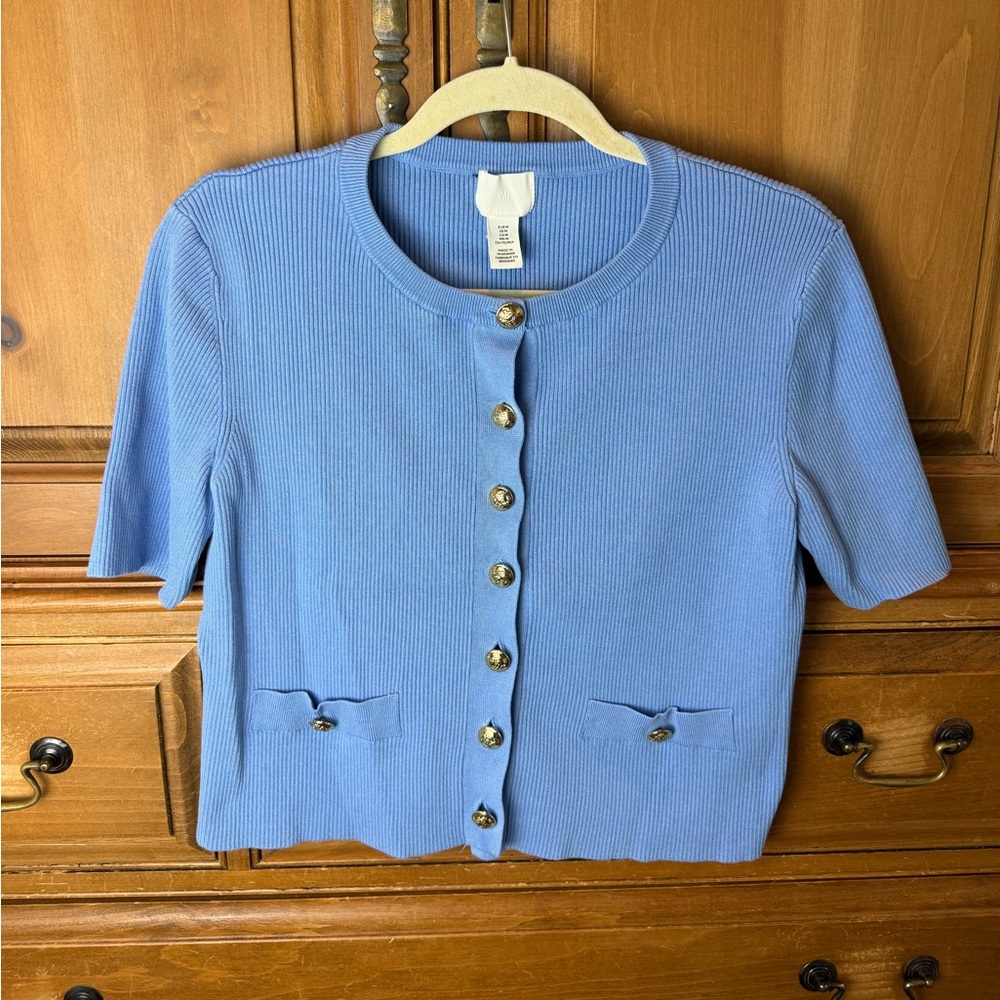 H&M Light Blue Ribbed Short-Sleeve Cardigan with Gold Buttons